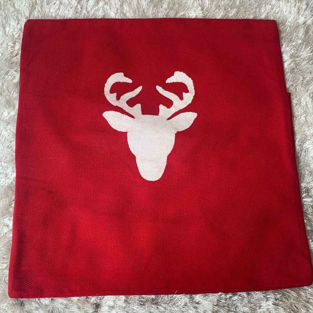 Red White Stenciled Reindeer Winter Pillow Cover 19" Square
